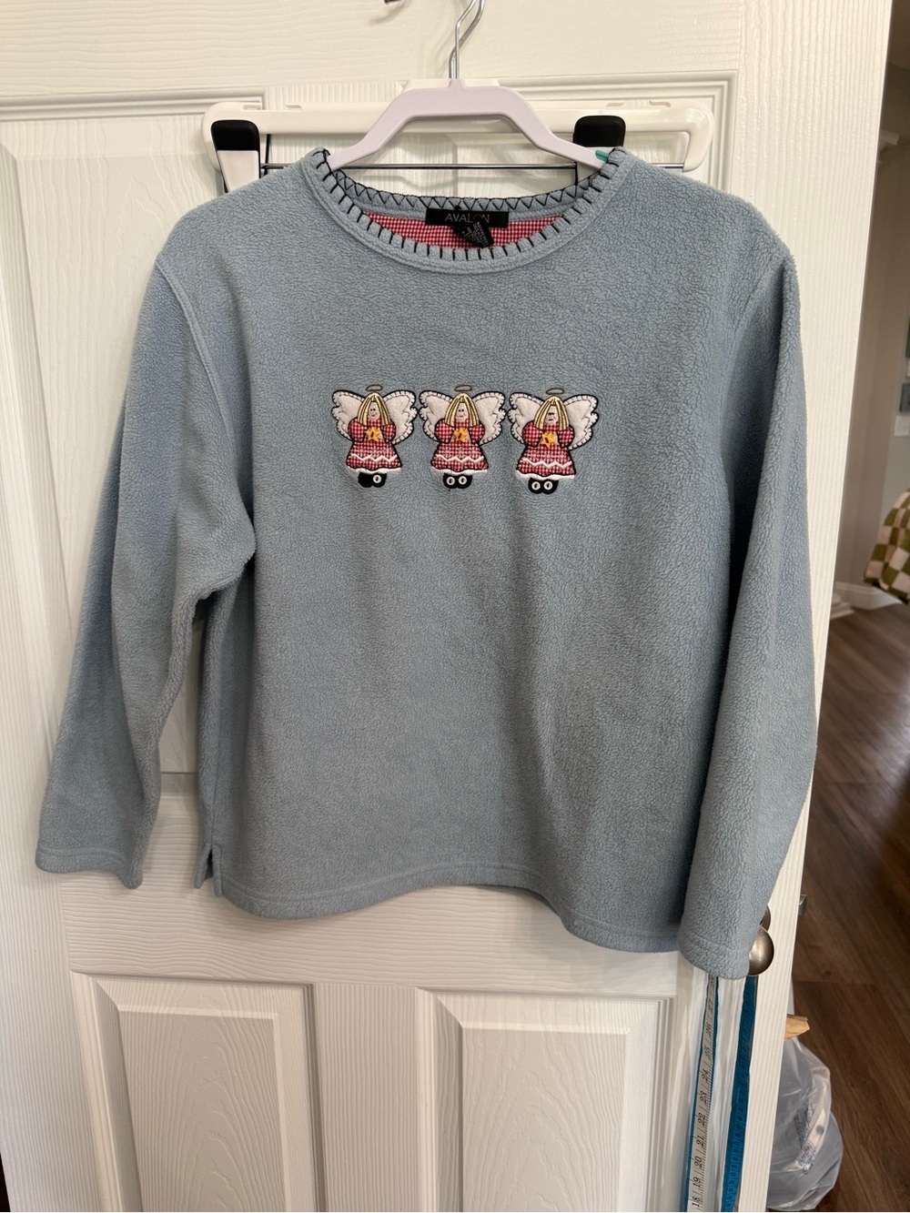 Angel Appliqué Fleece Sweatshirt Blue Gingham Cottagecore Pullover M Grannycore